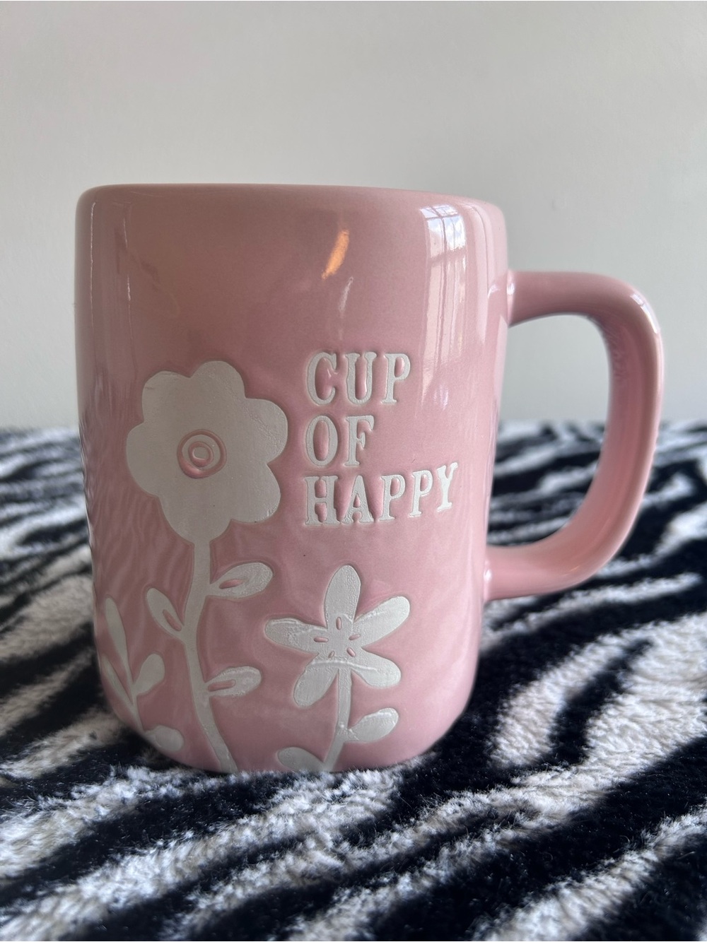 Rae Dunn Pink 'Cup of Happy' Ceramic Mug with Floral Relief